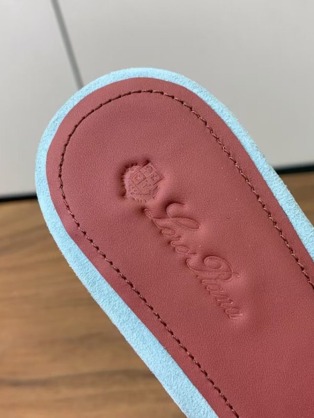 Loro Piana Light Baby Blue Suede Flat Slide Sandals Bow Gold Hardware - Picture 5 of 6
